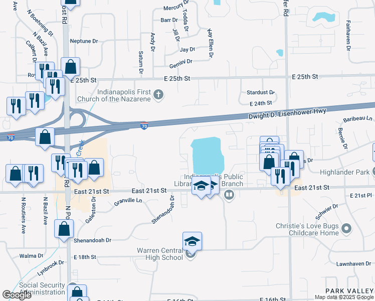 map of restaurants, bars, coffee shops, grocery stores, and more near 9515 Shoreland Lane in Indianapolis