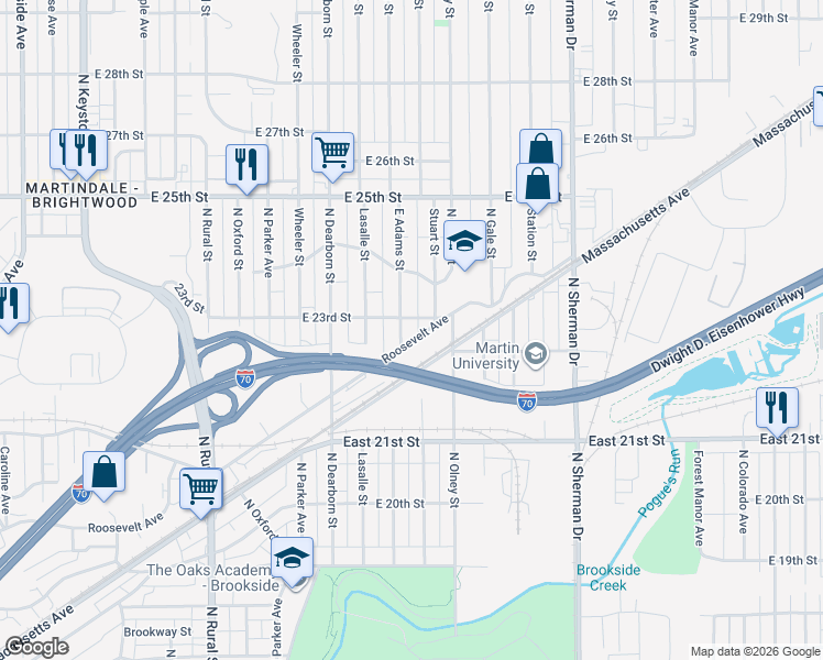 map of restaurants, bars, coffee shops, grocery stores, and more near 2267 East Adams Street in Indianapolis