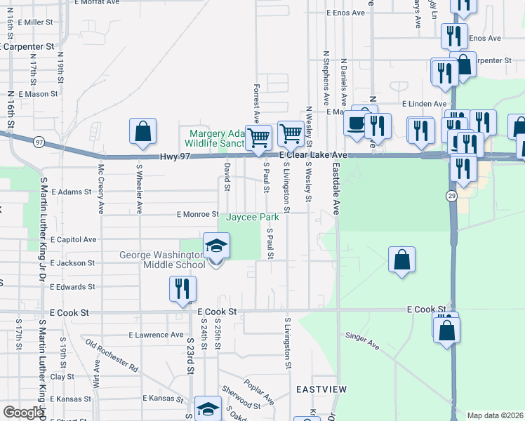 map of restaurants, bars, coffee shops, grocery stores, and more near 221 South Paul Street in Springfield