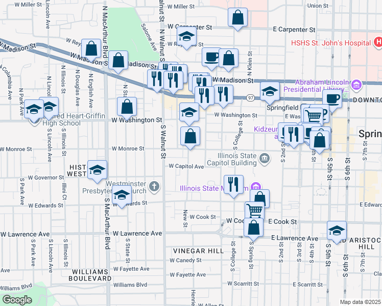 map of restaurants, bars, coffee shops, grocery stores, and more near 540 West Monroe Street in Springfield