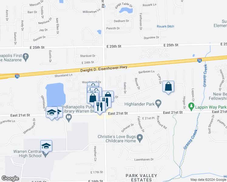 map of restaurants, bars, coffee shops, grocery stores, and more near 10051 Hawkins Court in Indianapolis