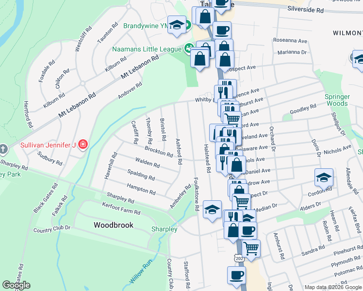 map of restaurants, bars, coffee shops, grocery stores, and more near 706 Ashford Road in Wilmington