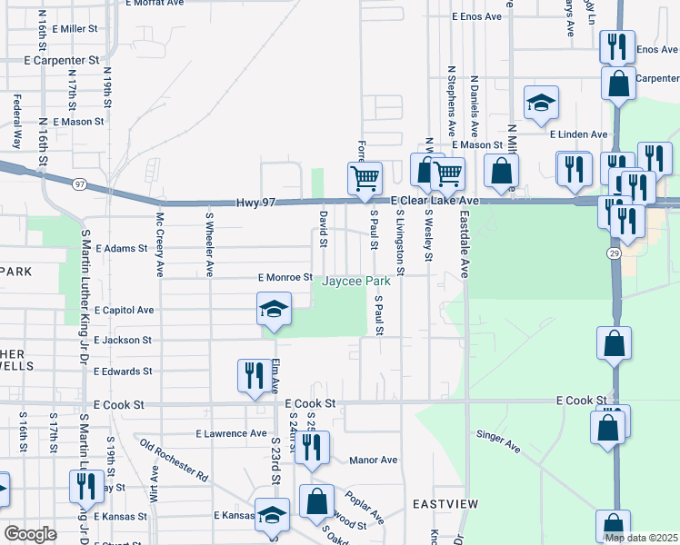 map of restaurants, bars, coffee shops, grocery stores, and more near 2317-2399 East Monroe Street in Springfield