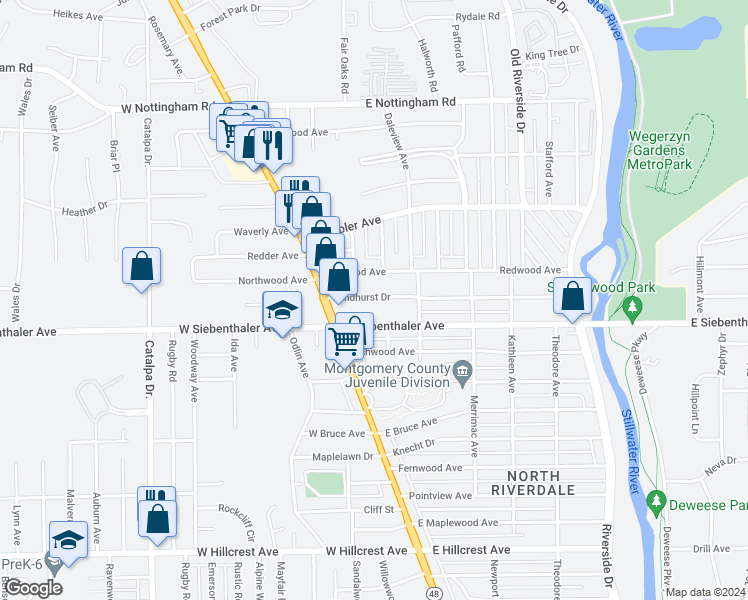 map of restaurants, bars, coffee shops, grocery stores, and more near 54 Sandhurst Drive in Dayton