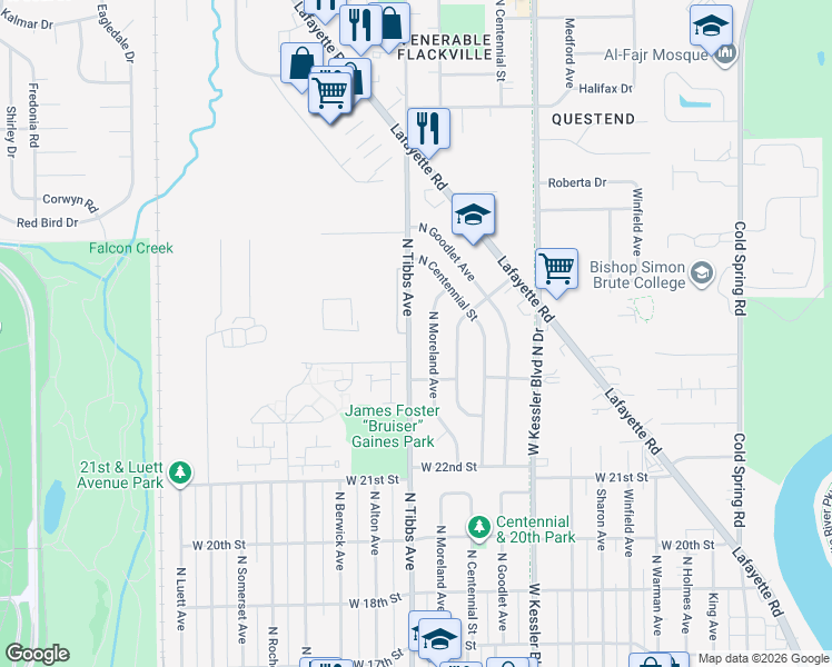 map of restaurants, bars, coffee shops, grocery stores, and more near 2337 North Tibbs Avenue in Indianapolis