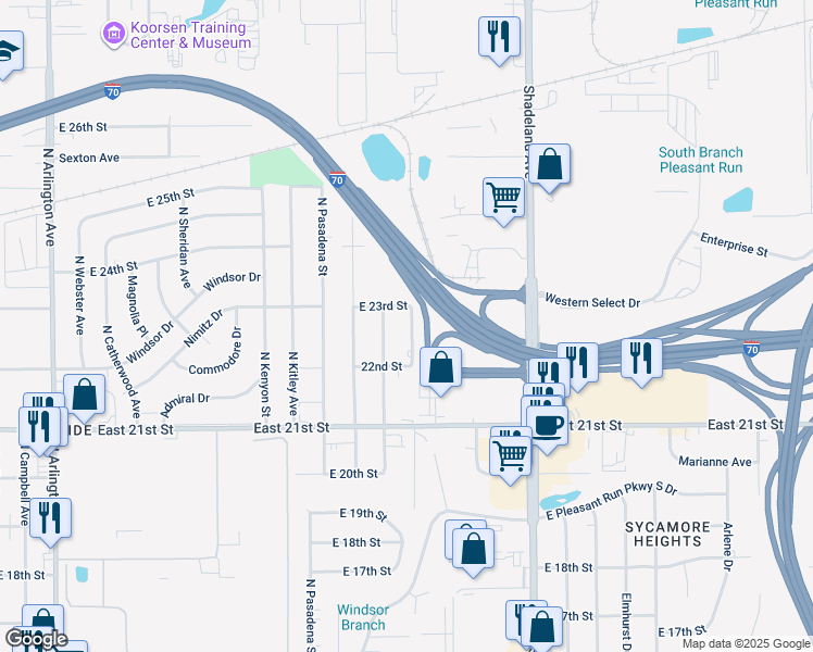 map of restaurants, bars, coffee shops, grocery stores, and more near 2240 North Edmondson Avenue in Indianapolis