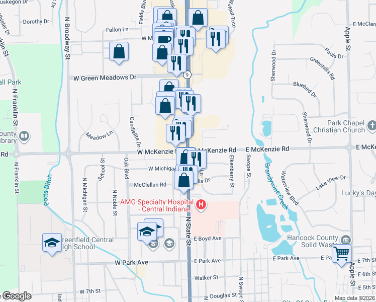map of restaurants, bars, coffee shops, grocery stores, and more near 101 West McKenzie Road in Greenfield