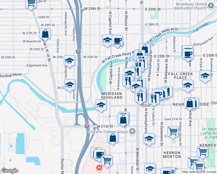 map of restaurants, bars, coffee shops, grocery stores, and more near 2320 North Capitol Avenue in Indianapolis