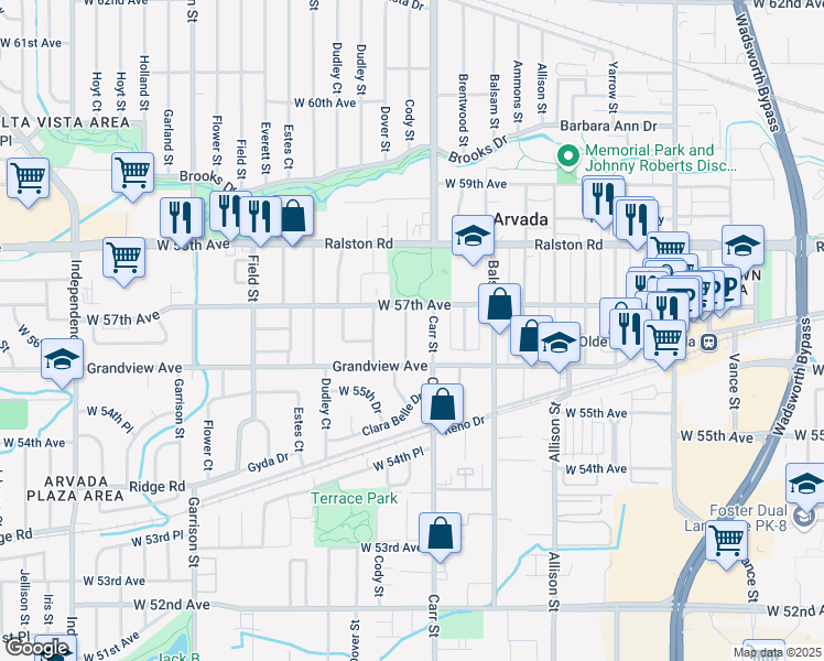 map of restaurants, bars, coffee shops, grocery stores, and more near 5650 Cody Street in Arvada