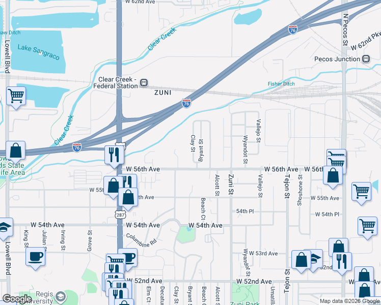 map of restaurants, bars, coffee shops, grocery stores, and more near 5661 Clay Street in Denver