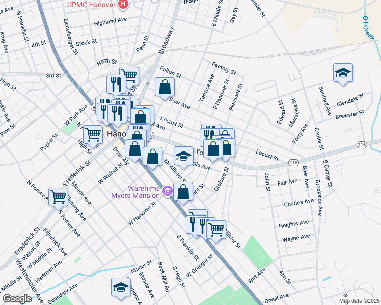map of restaurants, bars, coffee shops, grocery stores, and more near 249 York Street in Hanover
