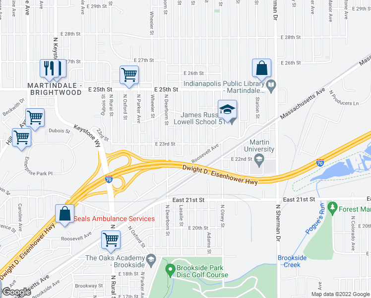 map of restaurants, bars, coffee shops, grocery stores, and more near 2263 Lasalle Street in Indianapolis