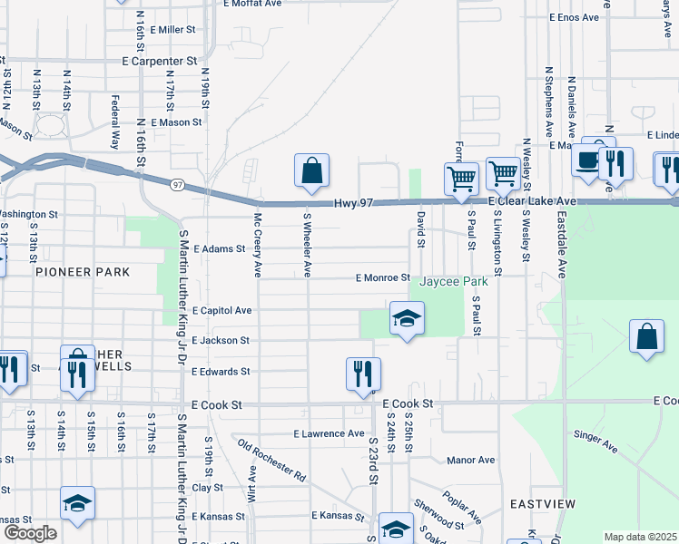 map of restaurants, bars, coffee shops, grocery stores, and more near 2137 East Monroe Street in Springfield