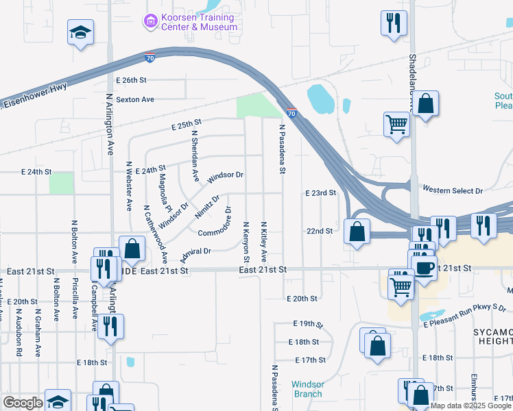 map of restaurants, bars, coffee shops, grocery stores, and more near 2222 North Kitley Avenue in Indianapolis