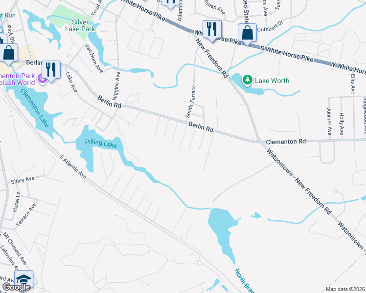 map of restaurants, bars, coffee shops, grocery stores, and more near 38 Smith Terrace in Clementon