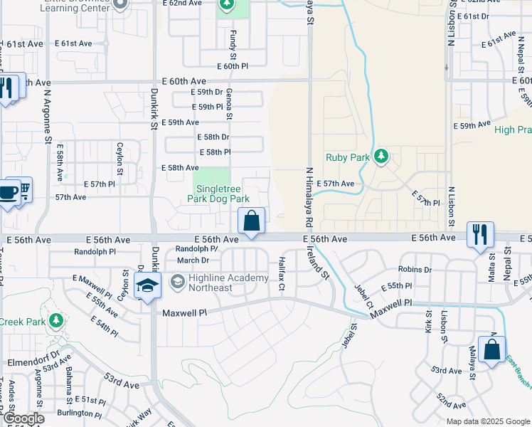 map of restaurants, bars, coffee shops, grocery stores, and more near 5723 North Gibralter Way in Aurora