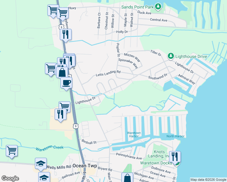 map of restaurants, bars, coffee shops, grocery stores, and more near 48 Lighthouse Drive in Ocean Township