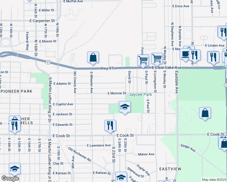 map of restaurants, bars, coffee shops, grocery stores, and more near 2217 East Monroe Street in Springfield