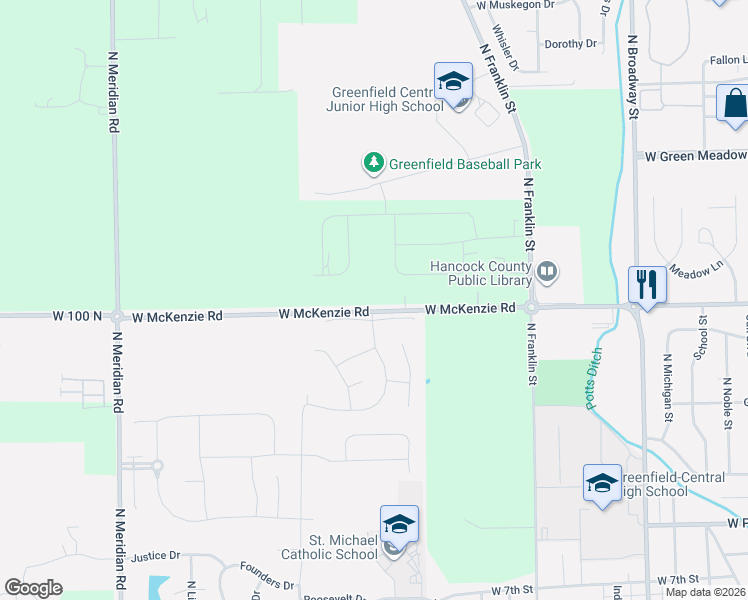 map of restaurants, bars, coffee shops, grocery stores, and more near 1400 W McKenzie Rd in Greenfield