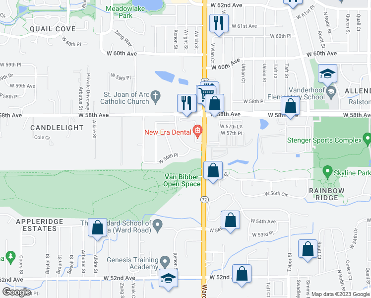 map of restaurants, bars, coffee shops, grocery stores, and more near 5675 Xenon Way in Arvada