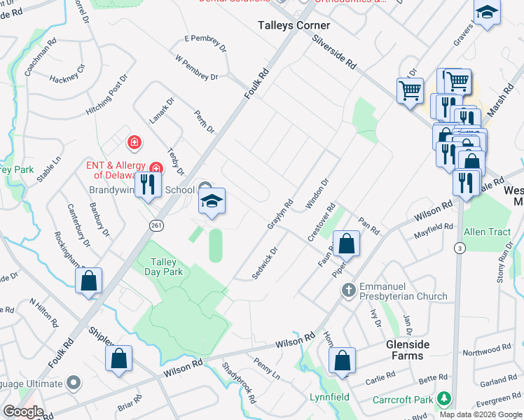map of restaurants, bars, coffee shops, grocery stores, and more near 2402 Heather Road West in Wilmington