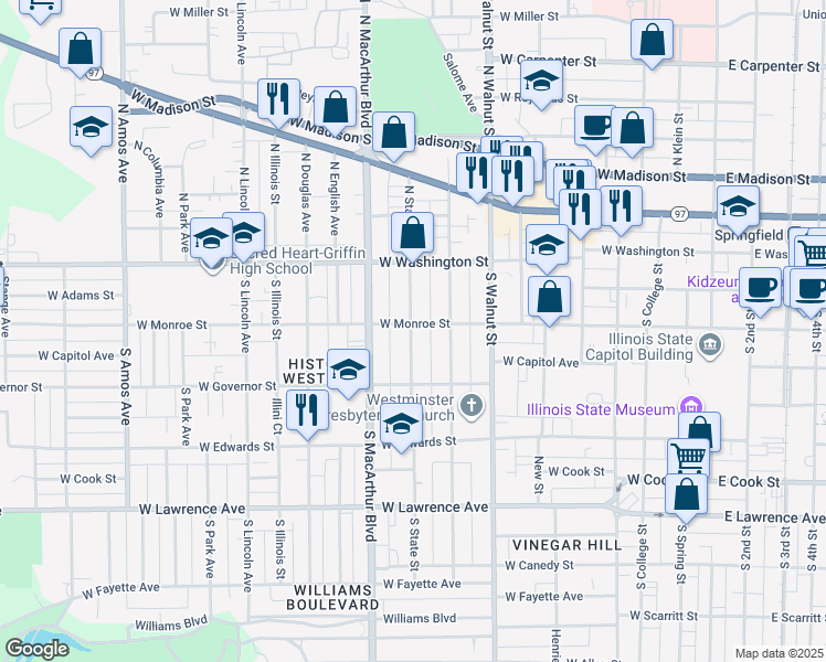 map of restaurants, bars, coffee shops, grocery stores, and more near 888 West Monroe Street in Springfield
