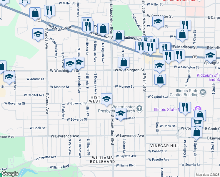 map of restaurants, bars, coffee shops, grocery stores, and more near 301 South MacArthur Boulevard in Springfield