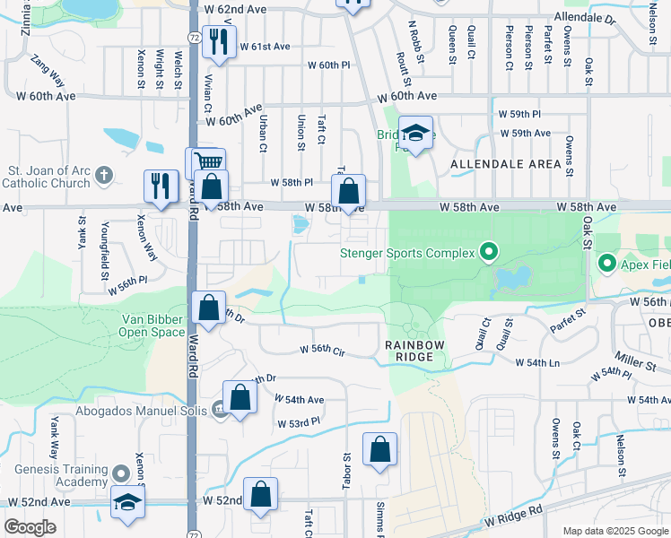 map of restaurants, bars, coffee shops, grocery stores, and more near 5696 Tabor Street in Arvada
