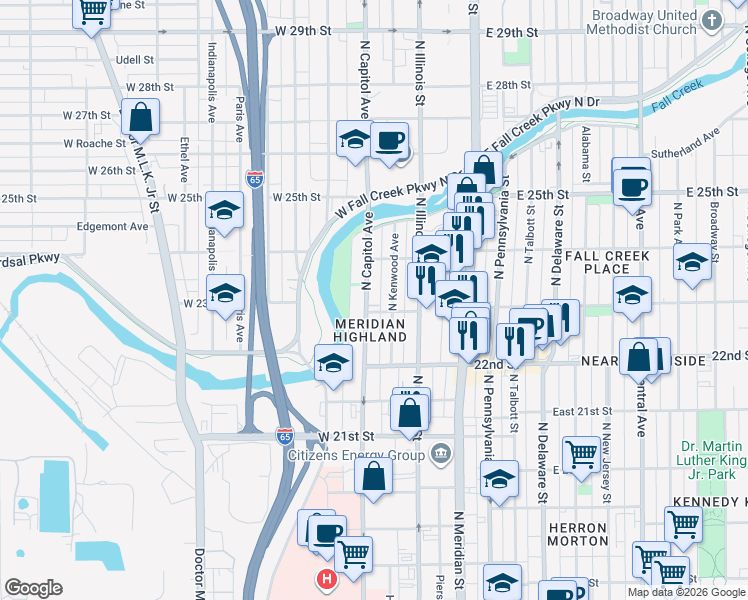 map of restaurants, bars, coffee shops, grocery stores, and more near 2309 North Capitol Avenue in Indianapolis