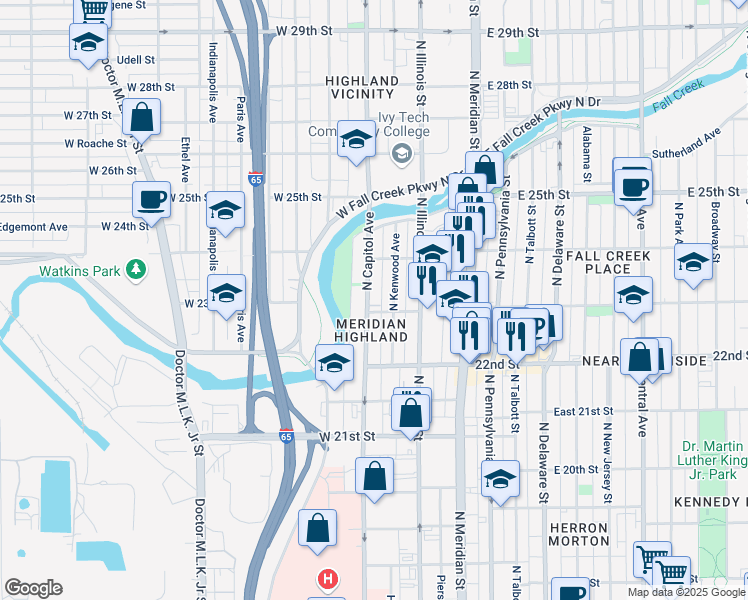map of restaurants, bars, coffee shops, grocery stores, and more near 2309 North Capitol Avenue in Indianapolis