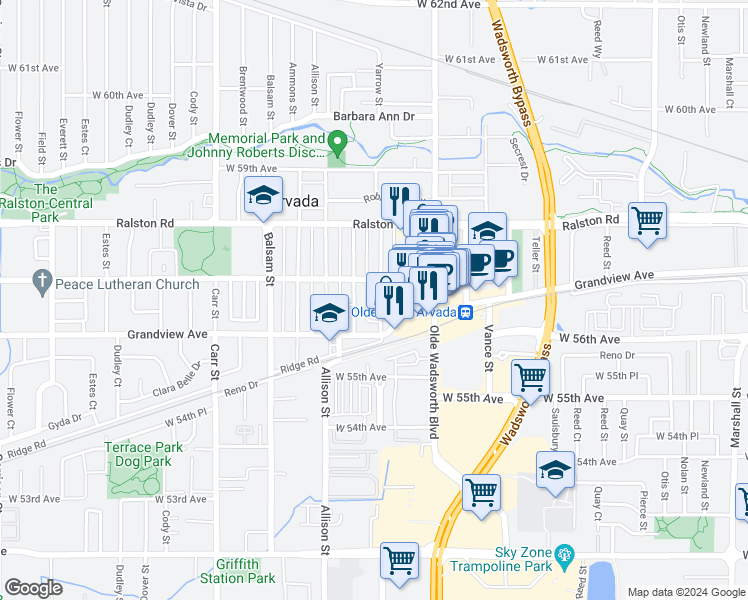 map of restaurants, bars, coffee shops, grocery stores, and more near 5617 Yarrow Street in Arvada
