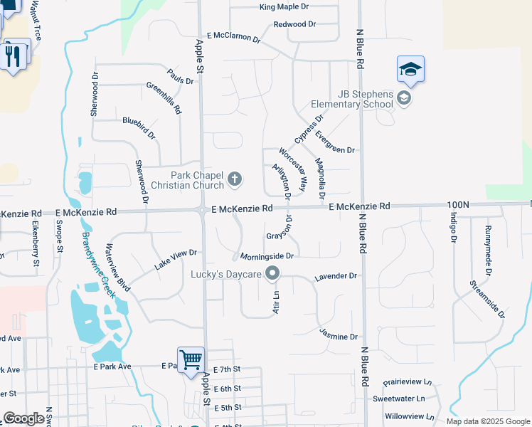 map of restaurants, bars, coffee shops, grocery stores, and more near 1170 Buttonwood Court in Greenfield