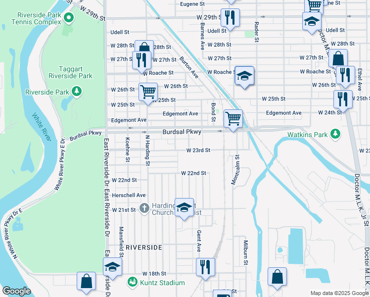 map of restaurants, bars, coffee shops, grocery stores, and more near 1250 West 23rd Street in Indianapolis