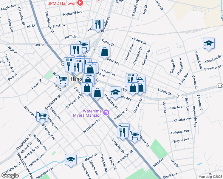 map of restaurants, bars, coffee shops, grocery stores, and more near 221 York Street in Hanover