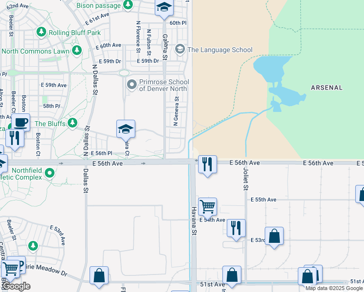 map of restaurants, bars, coffee shops, grocery stores, and more near 5665 Hanover Street in Denver
