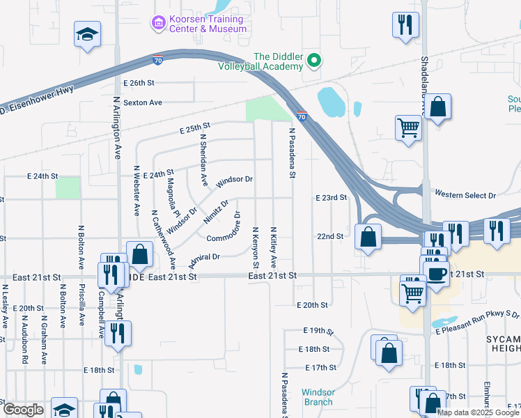 map of restaurants, bars, coffee shops, grocery stores, and more near 2226 North Kenyon Street in Indianapolis
