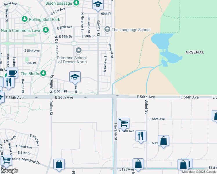 map of restaurants, bars, coffee shops, grocery stores, and more near 5667 Hanover Street in Denver