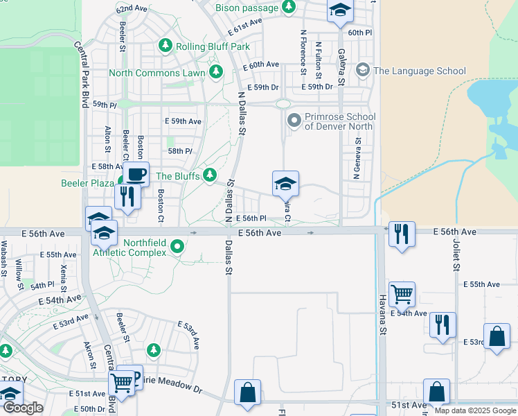 map of restaurants, bars, coffee shops, grocery stores, and more near 9703 East 56th Avenue in Denver