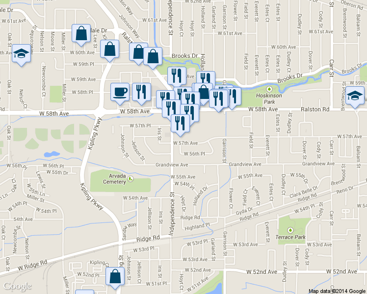 map of restaurants, bars, coffee shops, grocery stores, and more near 9436 West 57th Avenue in Arvada