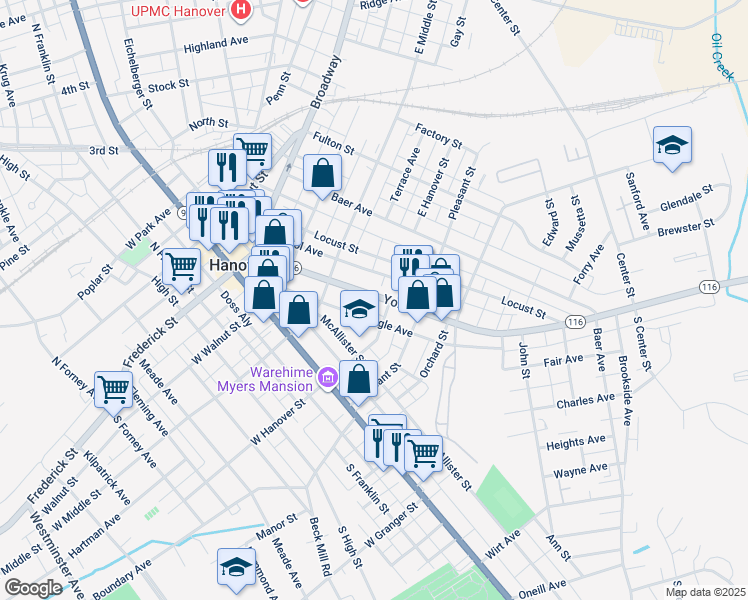 map of restaurants, bars, coffee shops, grocery stores, and more near 249 York Street in Hanover