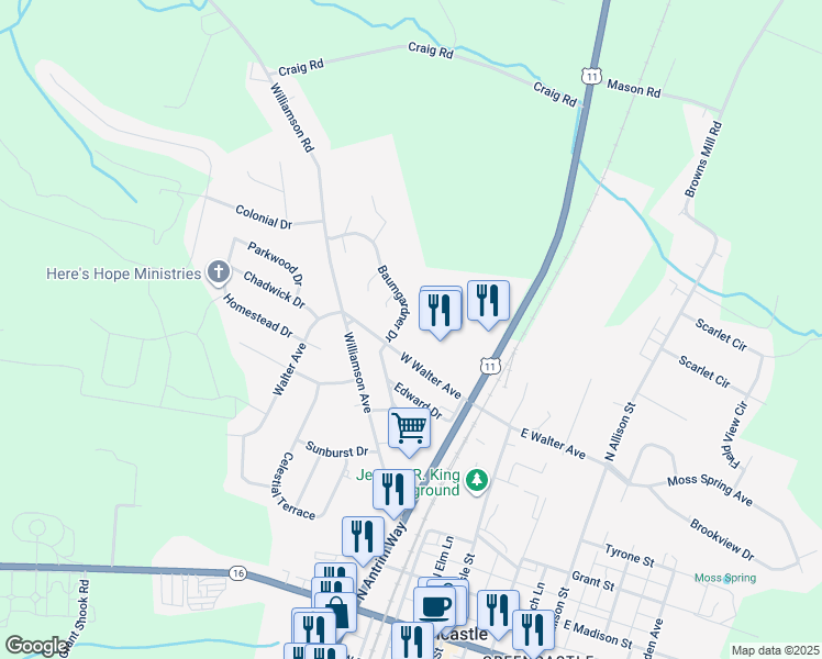 map of restaurants, bars, coffee shops, grocery stores, and more near 123 Baumgardner Drive in Greencastle
