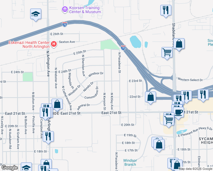 map of restaurants, bars, coffee shops, grocery stores, and more near 2226 North Kenyon Street in Indianapolis