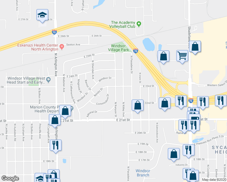 map of restaurants, bars, coffee shops, grocery stores, and more near 2226 North Kenyon Street in Indianapolis