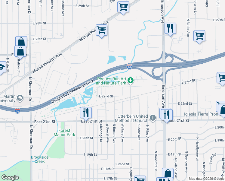map of restaurants, bars, coffee shops, grocery stores, and more near 2228 North Bosart Avenue in Indianapolis