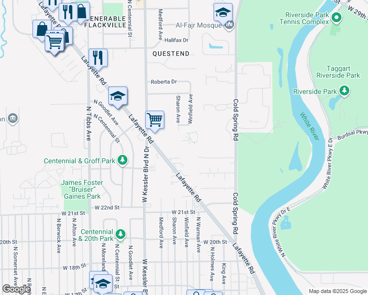 map of restaurants, bars, coffee shops, grocery stores, and more near 2307 Lafayette Road in Indianapolis