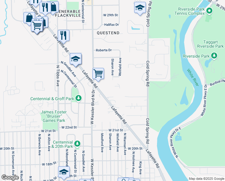 map of restaurants, bars, coffee shops, grocery stores, and more near 2307 Lafayette Road in Indianapolis