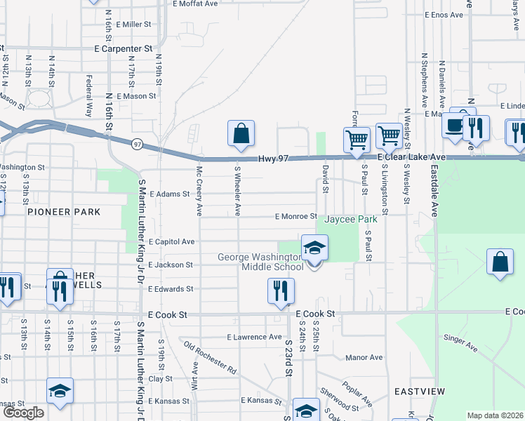 map of restaurants, bars, coffee shops, grocery stores, and more near 2137 East Monroe Street in Springfield