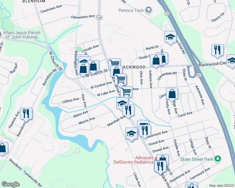 map of restaurants, bars, coffee shops, grocery stores, and more near 210 South Black Horse Pike in Camden County