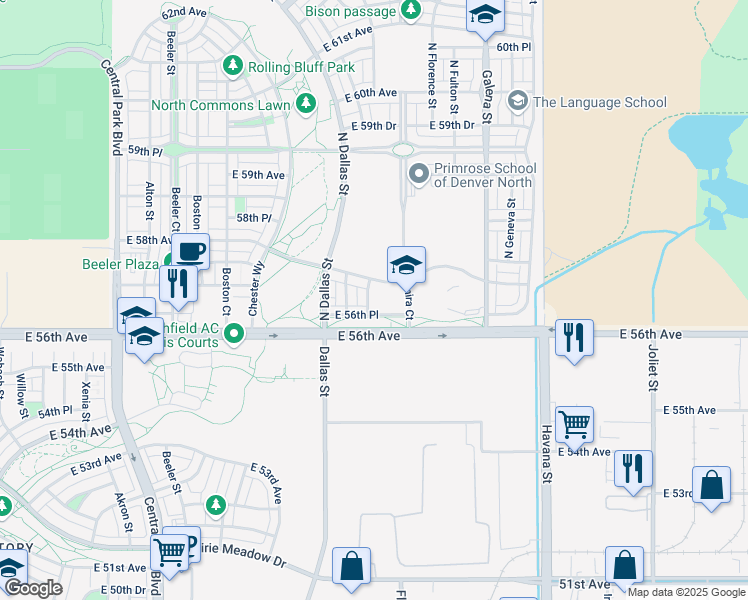 map of restaurants, bars, coffee shops, grocery stores, and more near 5670 North Emporia Street in Denver