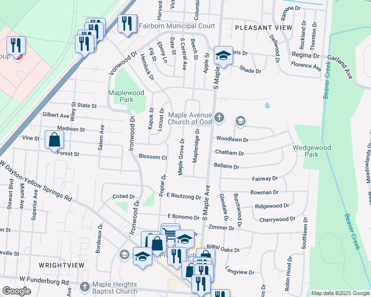 map of restaurants, bars, coffee shops, grocery stores, and more near 1392 Maple Grove Drive in Fairborn